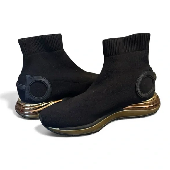 Salvatore Ferragamo Gancini Black Gold Sock Sneakers 8 Shoes Holiday Gift Ready - Picture 1 of 8
